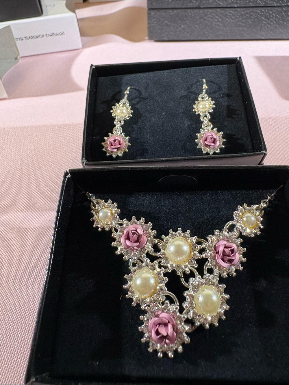 Pearl & Pink Rose Statement Necklace and Earring Set